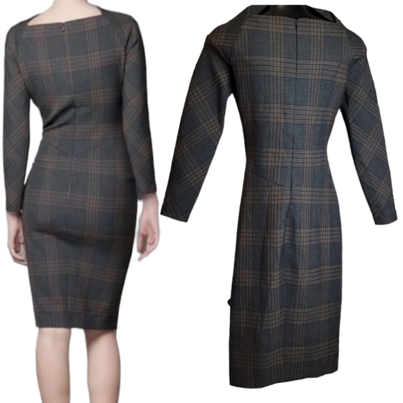ZARA blogger favorite Tartan Plaid Wiggle Pencil Dress  brown bodycon stretch S - Picture 3 of 16